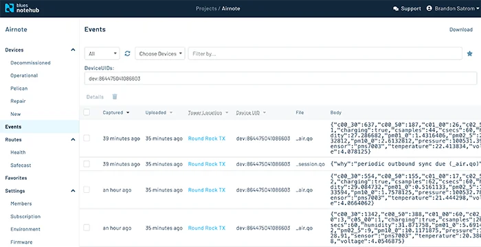 Notehub.io events screen for a device